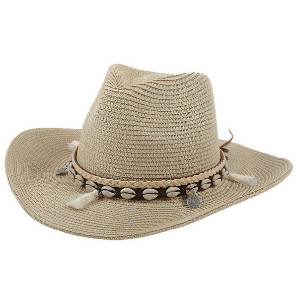 2023 Spring Summer Shell Tassel Decorated Jazz Unisex Sunshade Hat Paper Straw Cowboy Hat For Adult
